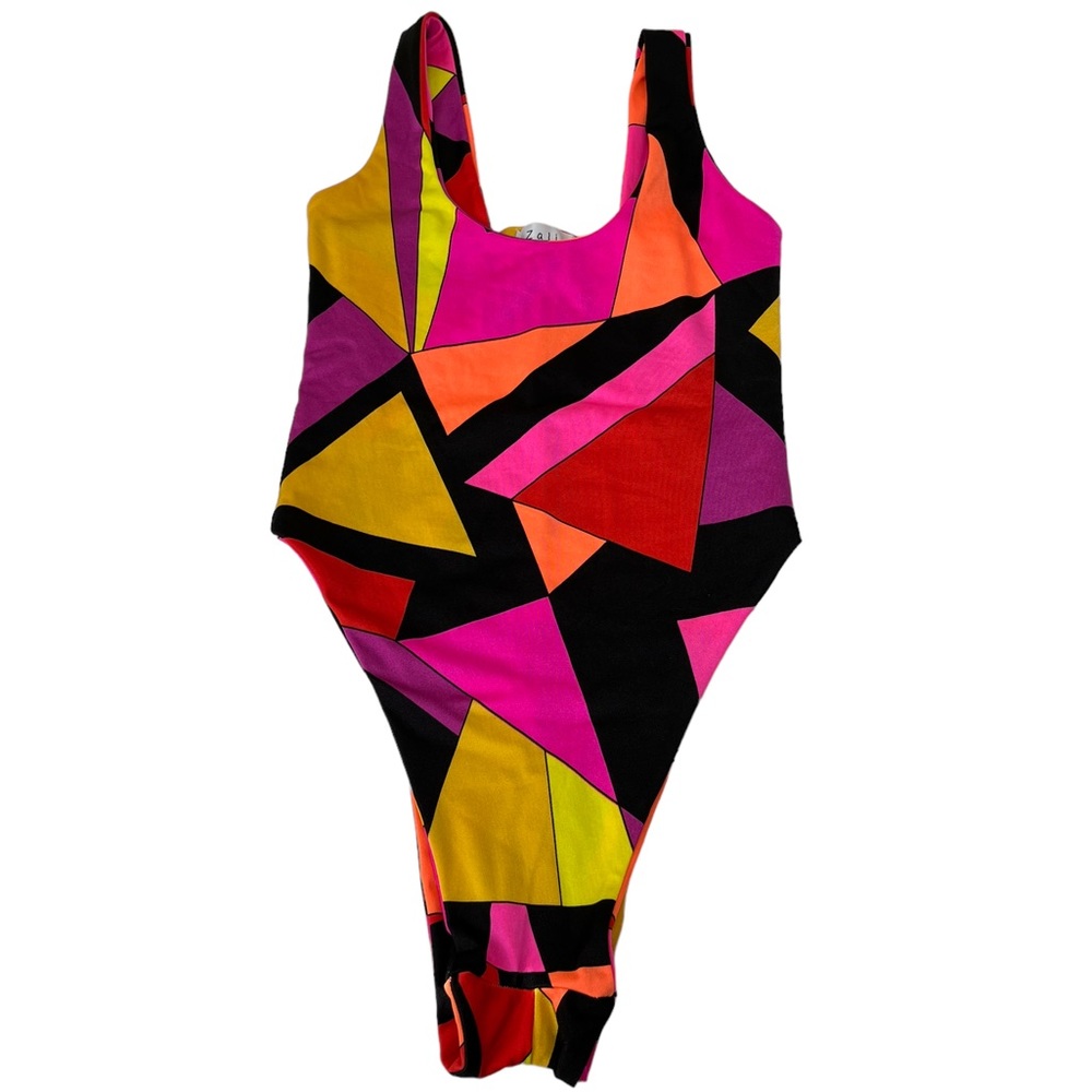 Zalie Rave Festival Geometric Abstract Print High Cut Bodysuit One piece